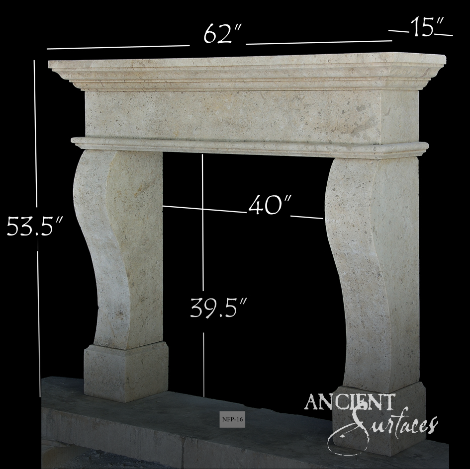 Plain pale limestone fireplace mantel with a molded cornice shelf, deep uncarved frieze and serpentine curved legs on plinth blocks