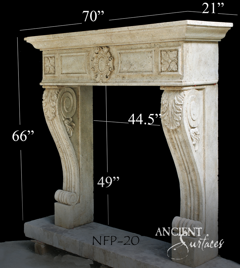 Reclaimed limestone fireplace mantel with a beaded oval cartouche frieze, rosette end blocks and tall acanthus scroll console legs