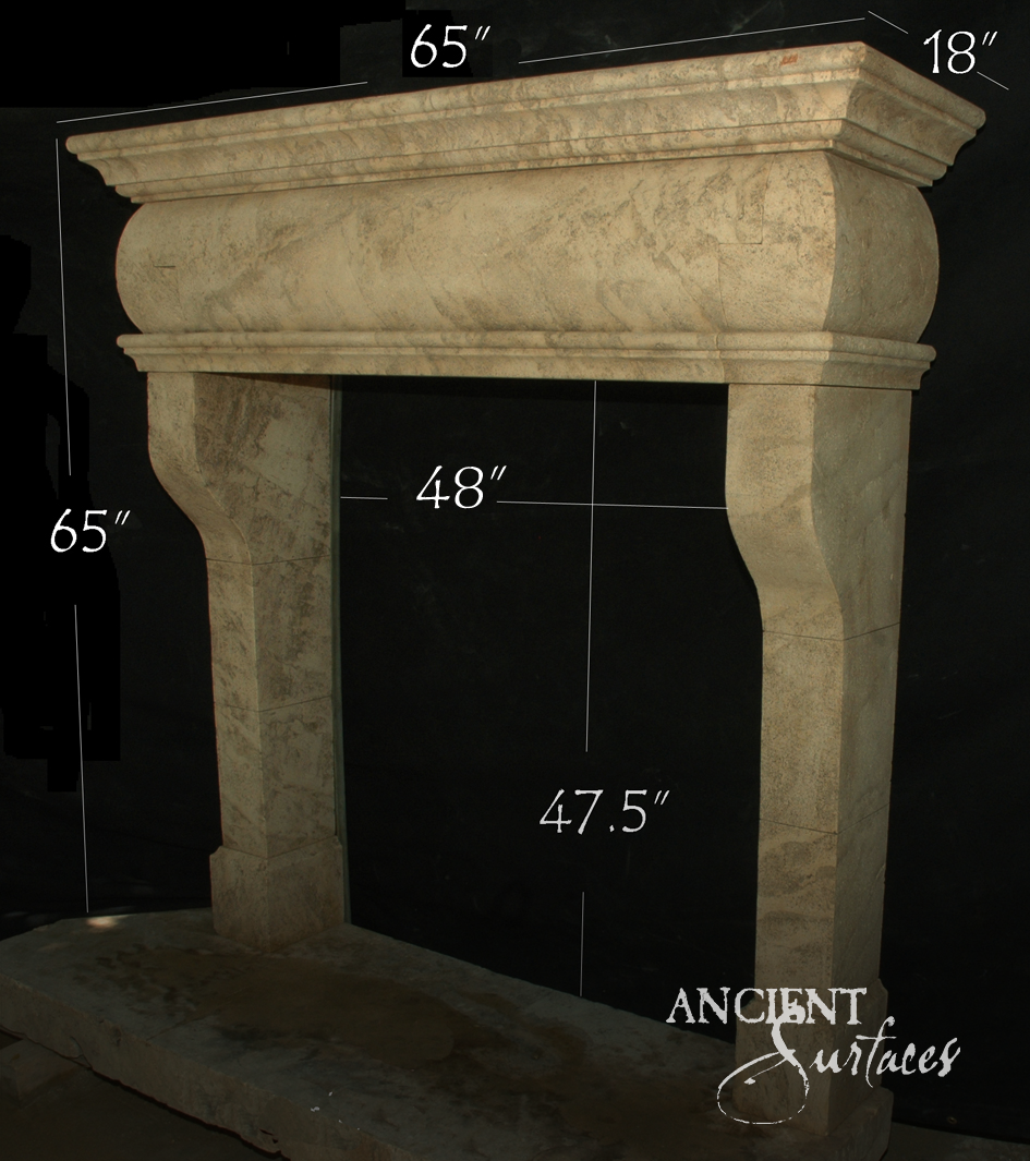 Sandy limestone fireplace mantel with a convex cushioned frieze, stepped cornice shelf and plain shouldered jambs